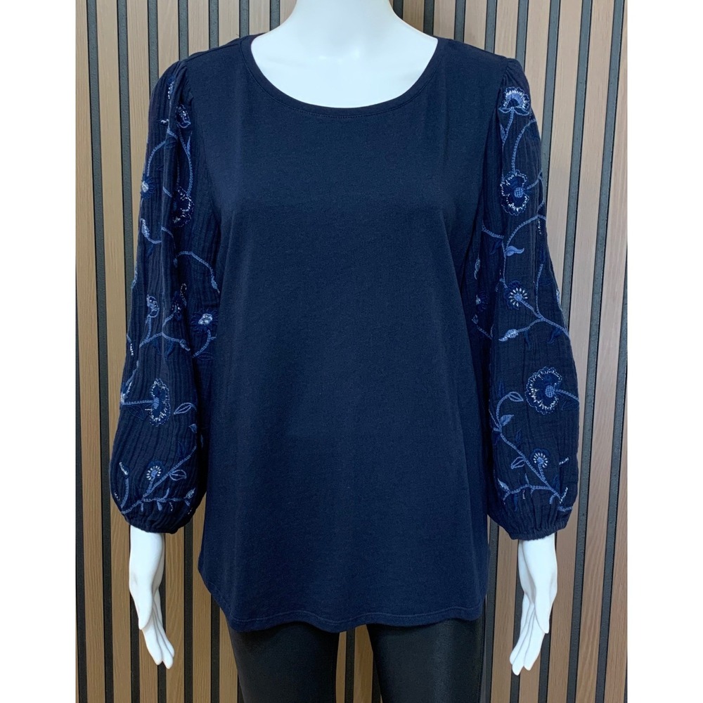 Chicos Navy Blue Floral Embroidered Balloon Sleeve Knit Top Size 2 L Boho